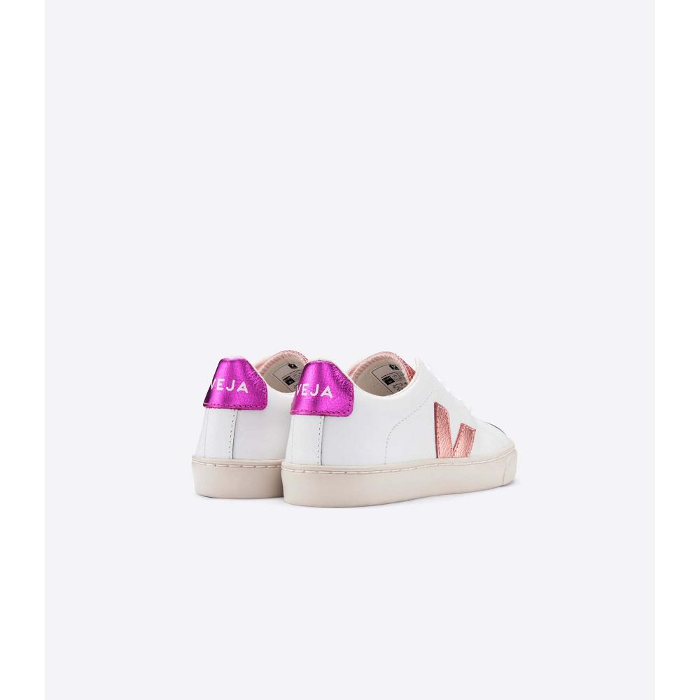 Kids' Veja ESPLAR LEATHER Sneakers White/Pink/Purple | ZA 809PJJ